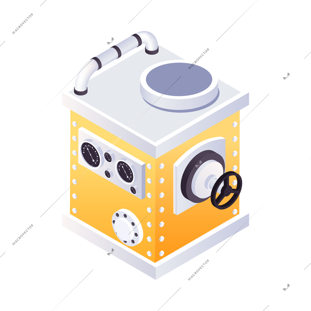 Yellow steampunk machine with faucet pipe and gauges 3d isometric icon vector illustration