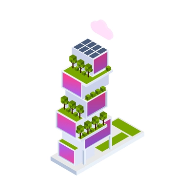 Smart city building with plants and solar panels 3d isometric icon vector illustration