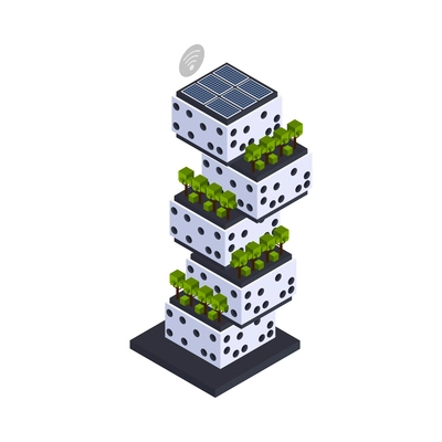 Smart city building isometric icon house with green plants and solar panels on roof 3d vector illustration
