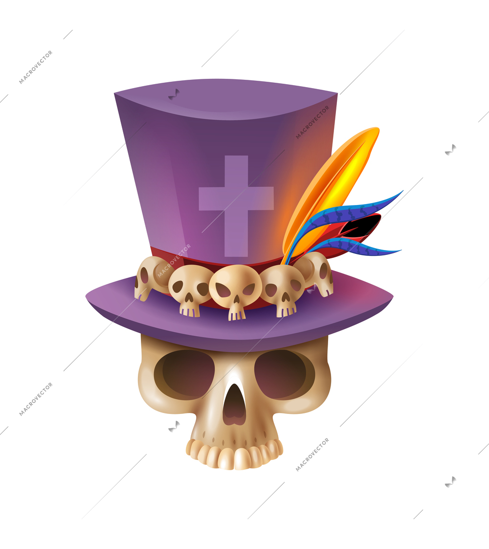 Realistic voodoo occult human skull in hat with feathers vector illustration