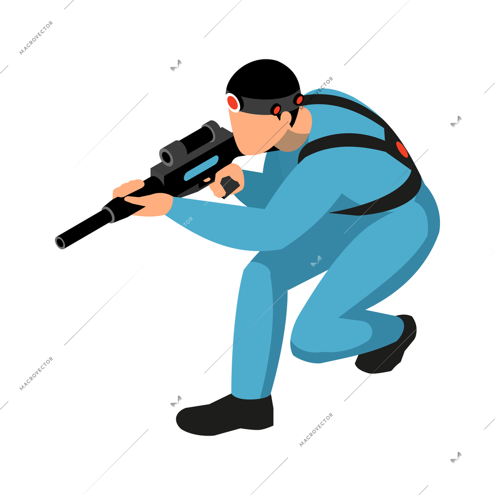 Laser tag game player with gun on white background isometric vector illustration