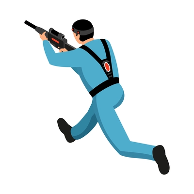 Isometric running laser tag game player back view 3d vector illustration