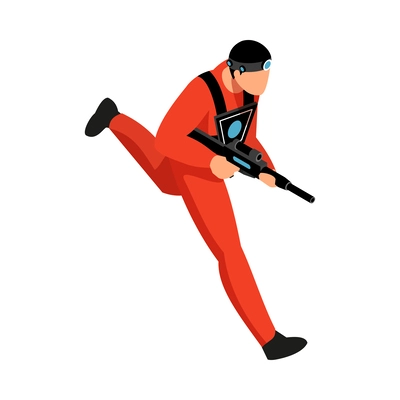 Isometric laser tag player with gun during game 3d vector illustration