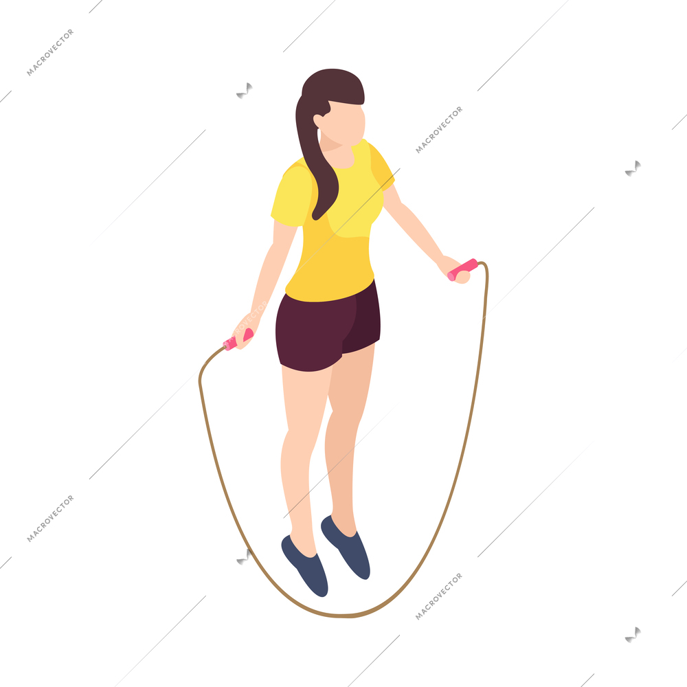 Isometric woman health icon with girl jumping with rope 3d vector illustration