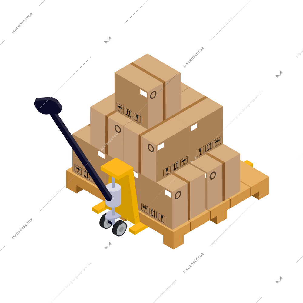 Isometric warehouse hand pallet truck with stack of cardboard boxes 3d vector illustration