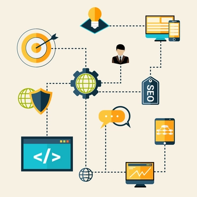 Seo technical analytics research and optimization process flowchart vector illustration