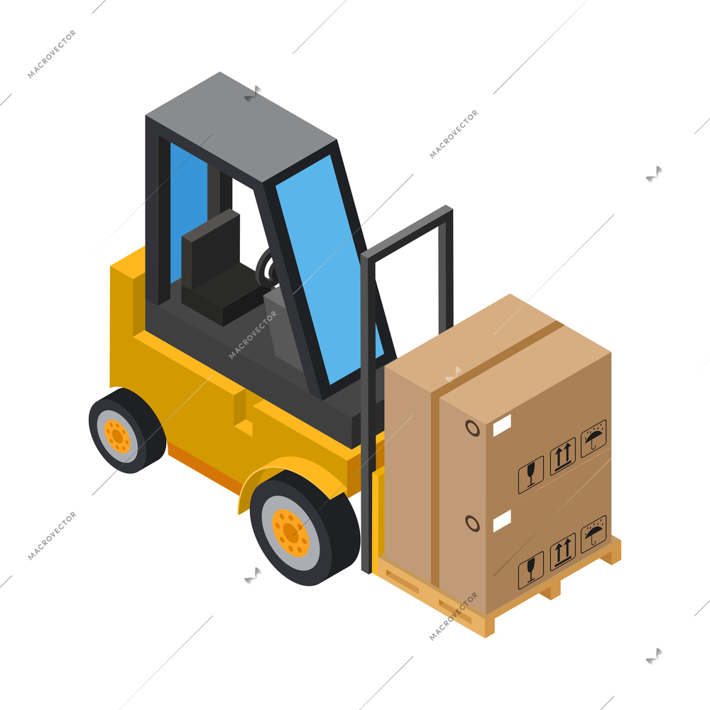 Isometric warehouse forklift carrying stack of cardboard boxes 3d vector illustration