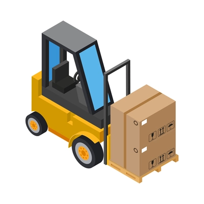 Isometric warehouse forklift carrying stack of cardboard boxes 3d vector illustration