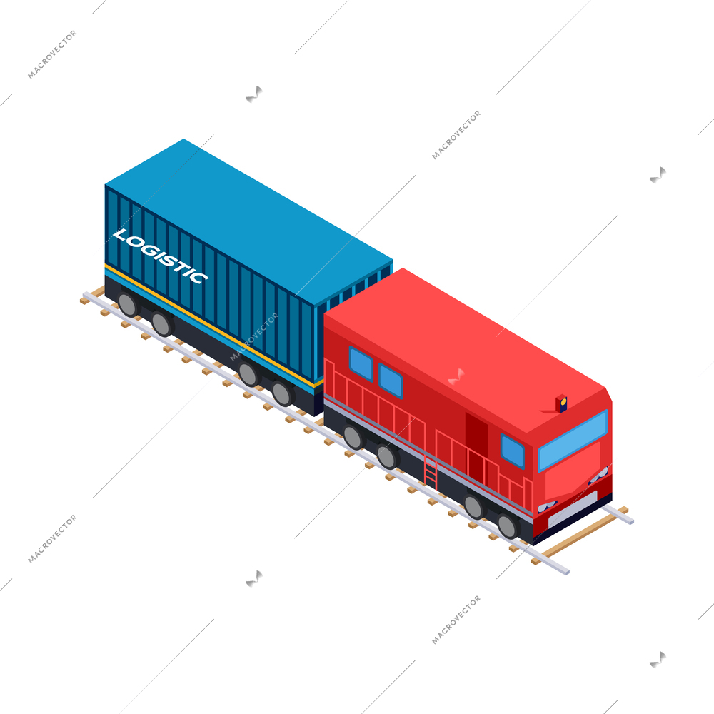 Isometric railway logistics color delivery train on white background 3d vector illustration