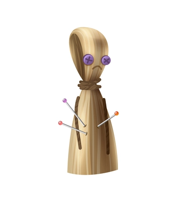 Magic voodoo doll with needles on white background realistic vector illustration