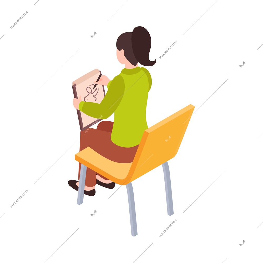 Creative profession isometric icon with female artist drawing sketch vector illustration