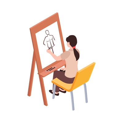 Creative profession isometric icon with female artist drawing with pencil 3d vector illustration