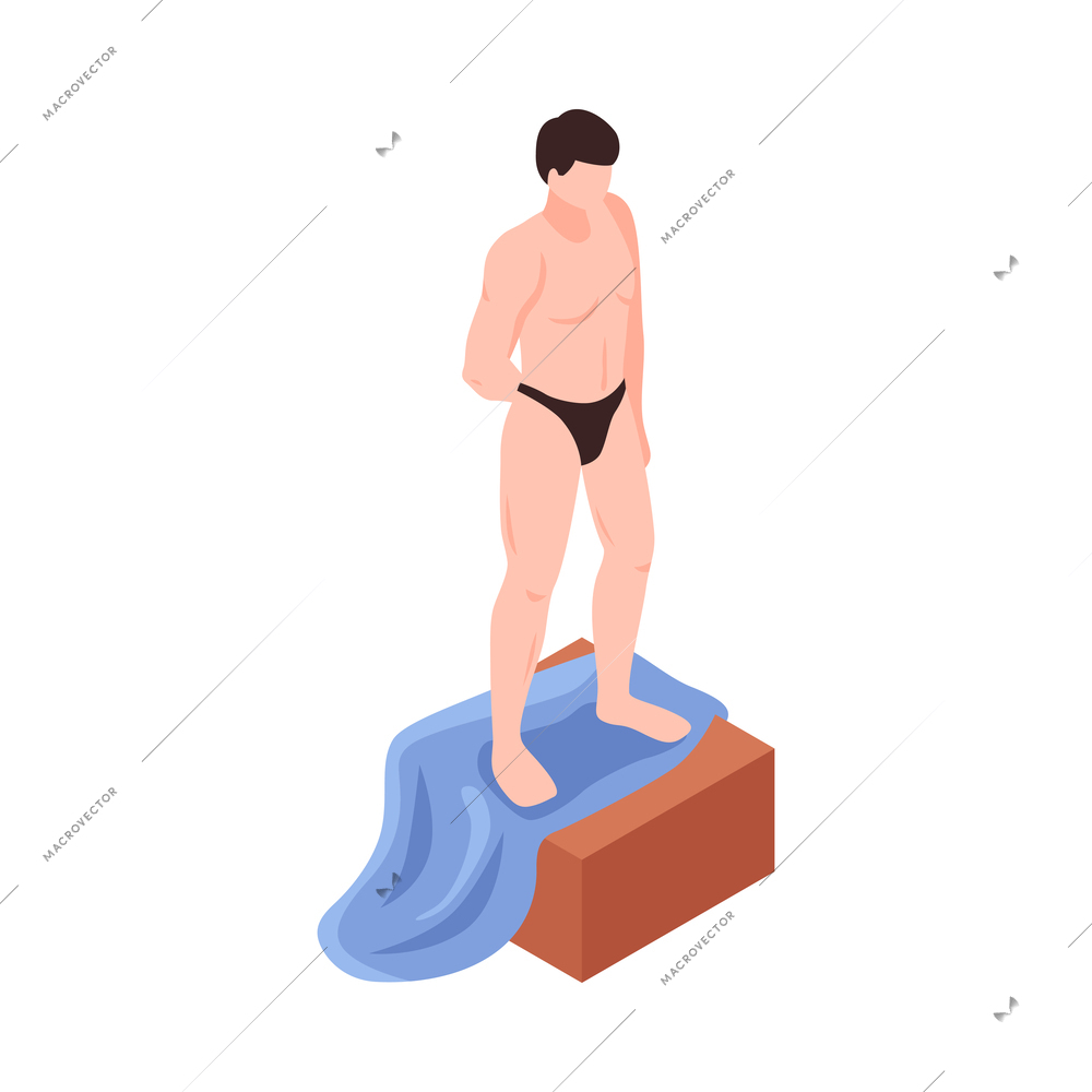 Male artist or sculpture model posing on pedestal isometric 3d vector illustration