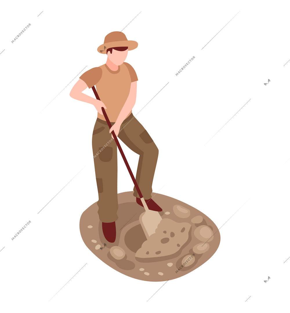Archeologist working with shovel at excavation site 3d isometric vector illustration