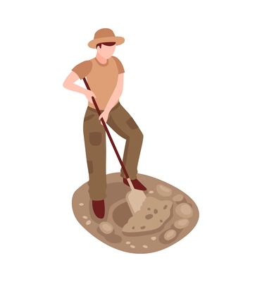 Archeologist working with shovel at excavation site 3d isometric vector illustration