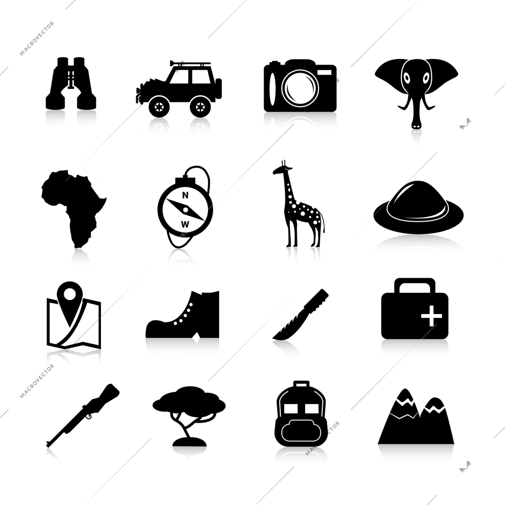 Jungle safari and travel icons black set with pioneer hat binoculars giraffe isolated vector illustration