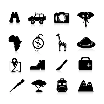 Jungle safari and travel icons black set with pioneer hat binoculars giraffe isolated vector illustration