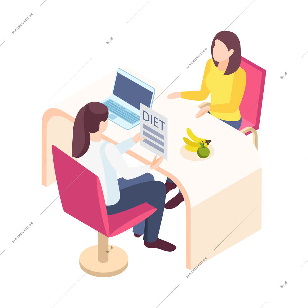 Women health isometric icon with female patient communicating with dietician 3d vector illustration