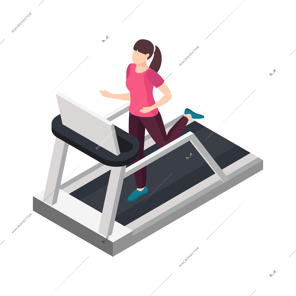 Women health isometric icon with female character running on treadmill 3d vector illustration