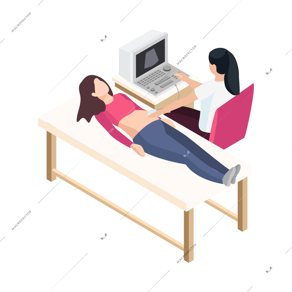 Women health isometric icon with female character during unltrasound scanning 3d vector illustration