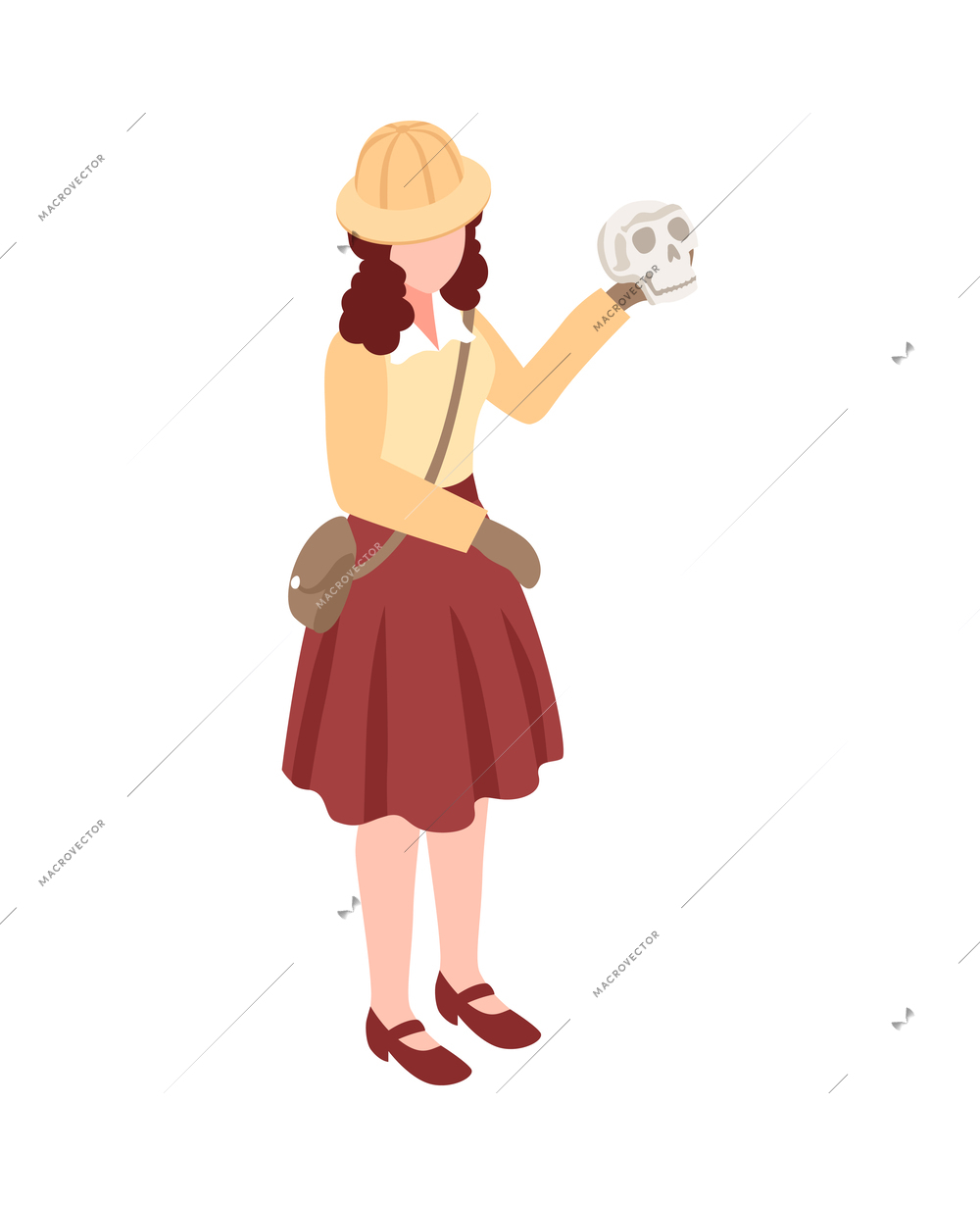 Isometric female archeologist holding human skull 3d vector illustration