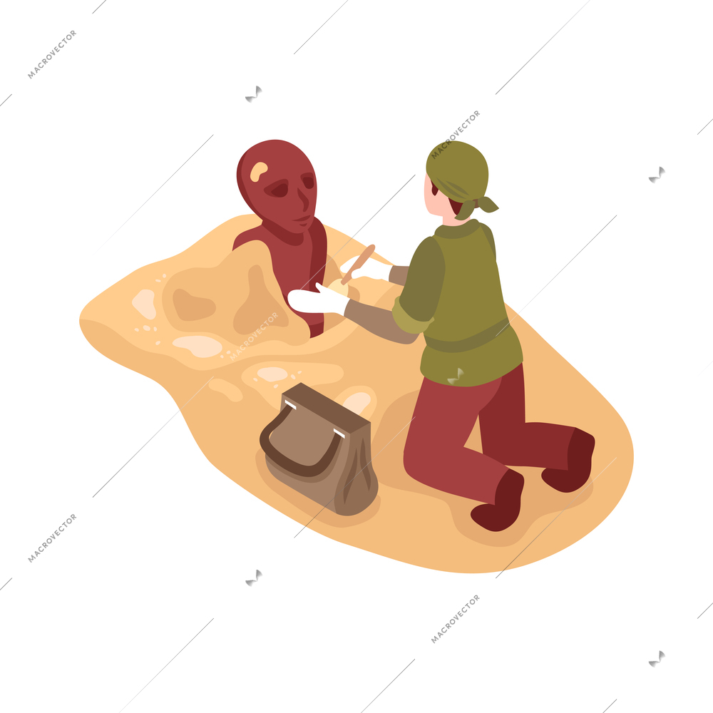 Archeologist with professional equipment during research of ancient artifacts 3d isometric vector illustration