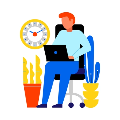 Time management flat icon with man working on laptop vector illustration