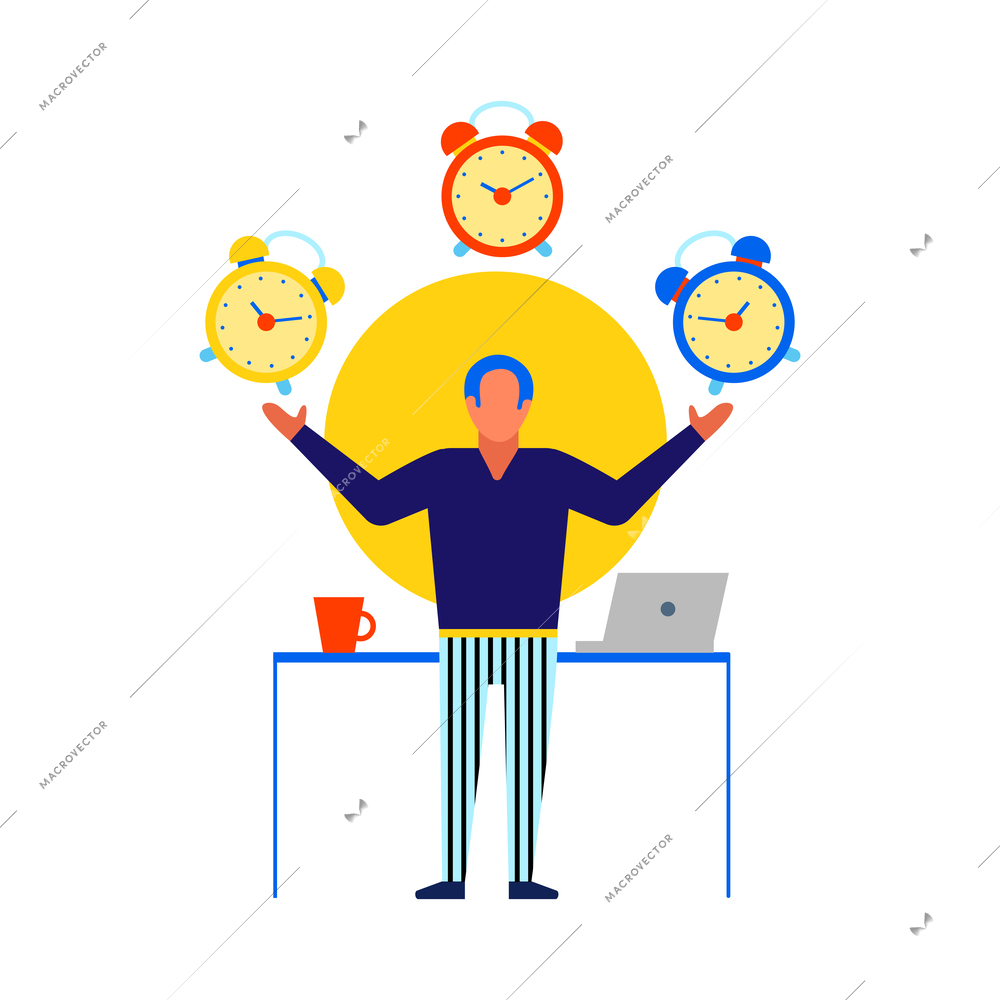 Time management planning your work flat icon with human character and clocks vector illustration