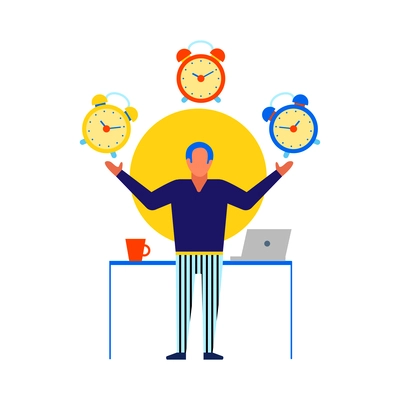 Time management planning your work flat icon with human character and clocks vector illustration