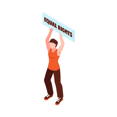 Isometric feminism icon with woman protester fighting for equal rights 3d vector illustration