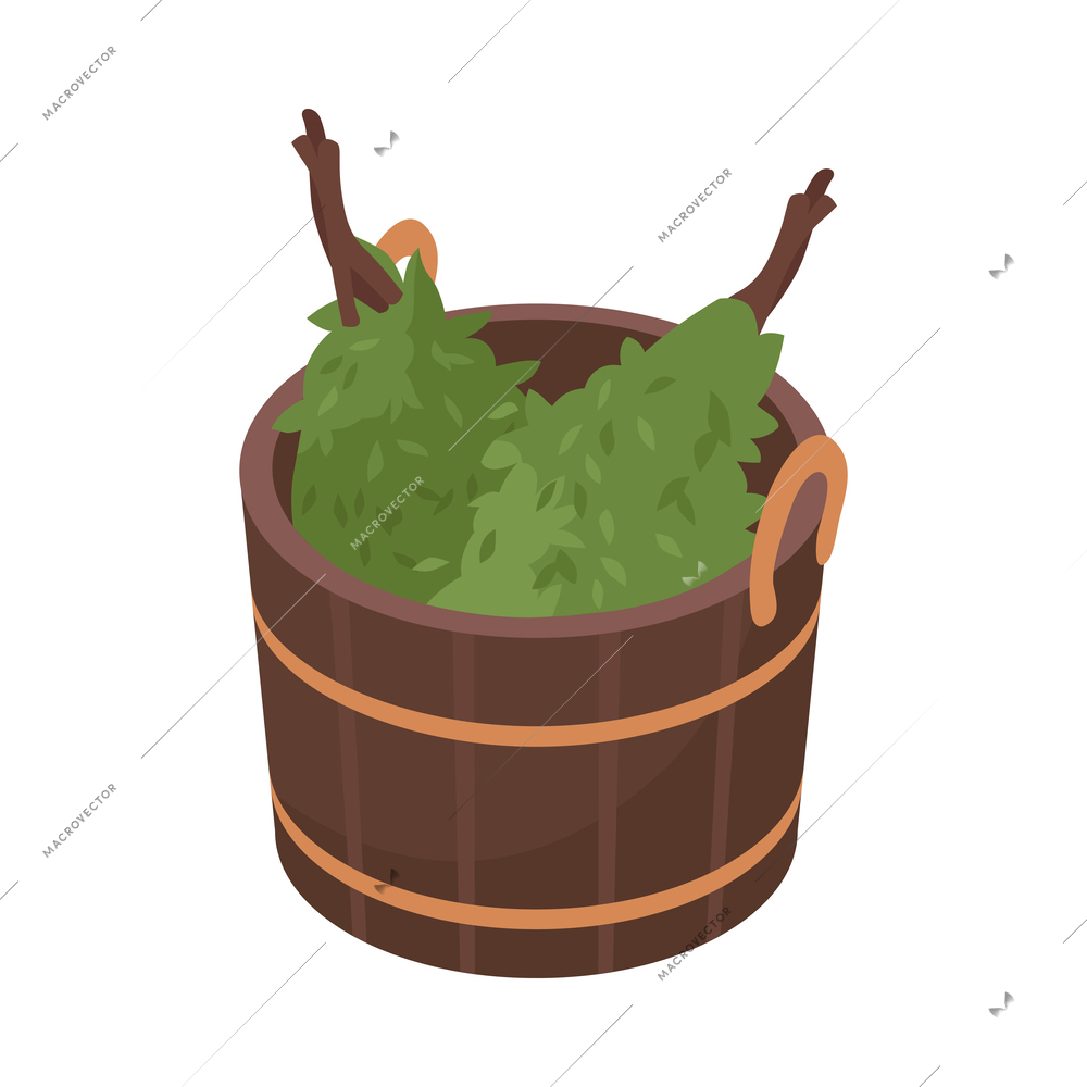 Bathhouse brooms in wooden bucket isometric icon 3d vector illustration