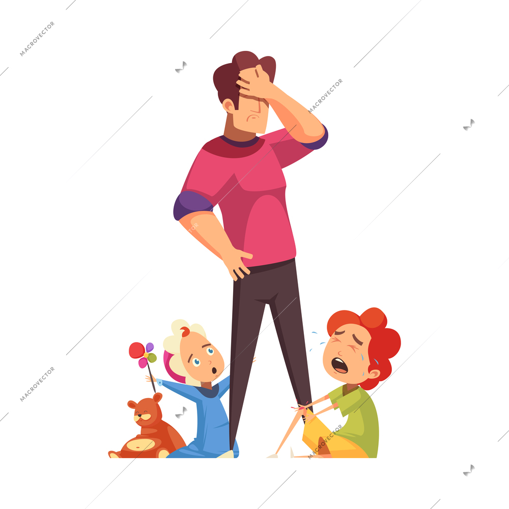 Family routine with tired dad and two little kids cartoon vector illustration