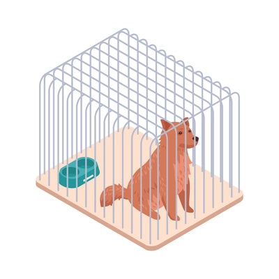 Homeless dog in cage at animal shelter isometric icon vector illustration