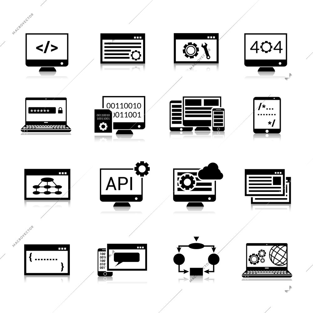 Programming data analysis and processing icons black set isolated vector illustration