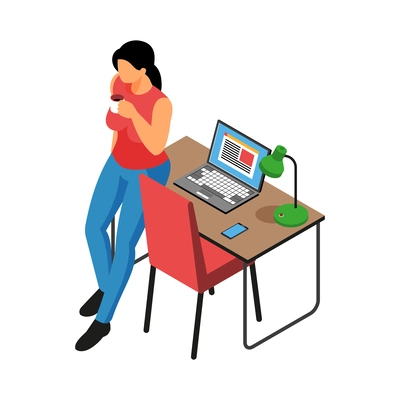 Female freelancer taking coffee break from work on laptop isometric vector illustration