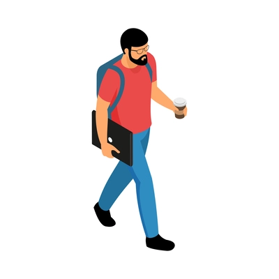 Bearded freelancer walking with backpack laptop and cup of coffee isometric vector illustration
