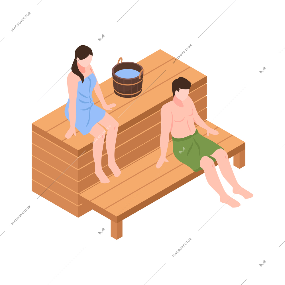 Isometric bathhouse icon with two people taking steam bath vector illustration