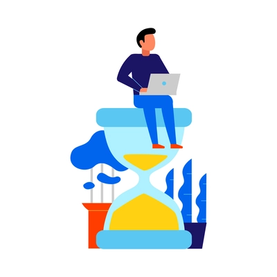 Time management flat conceptual icon with person sitting on hourglass and working on laptop vector illustration