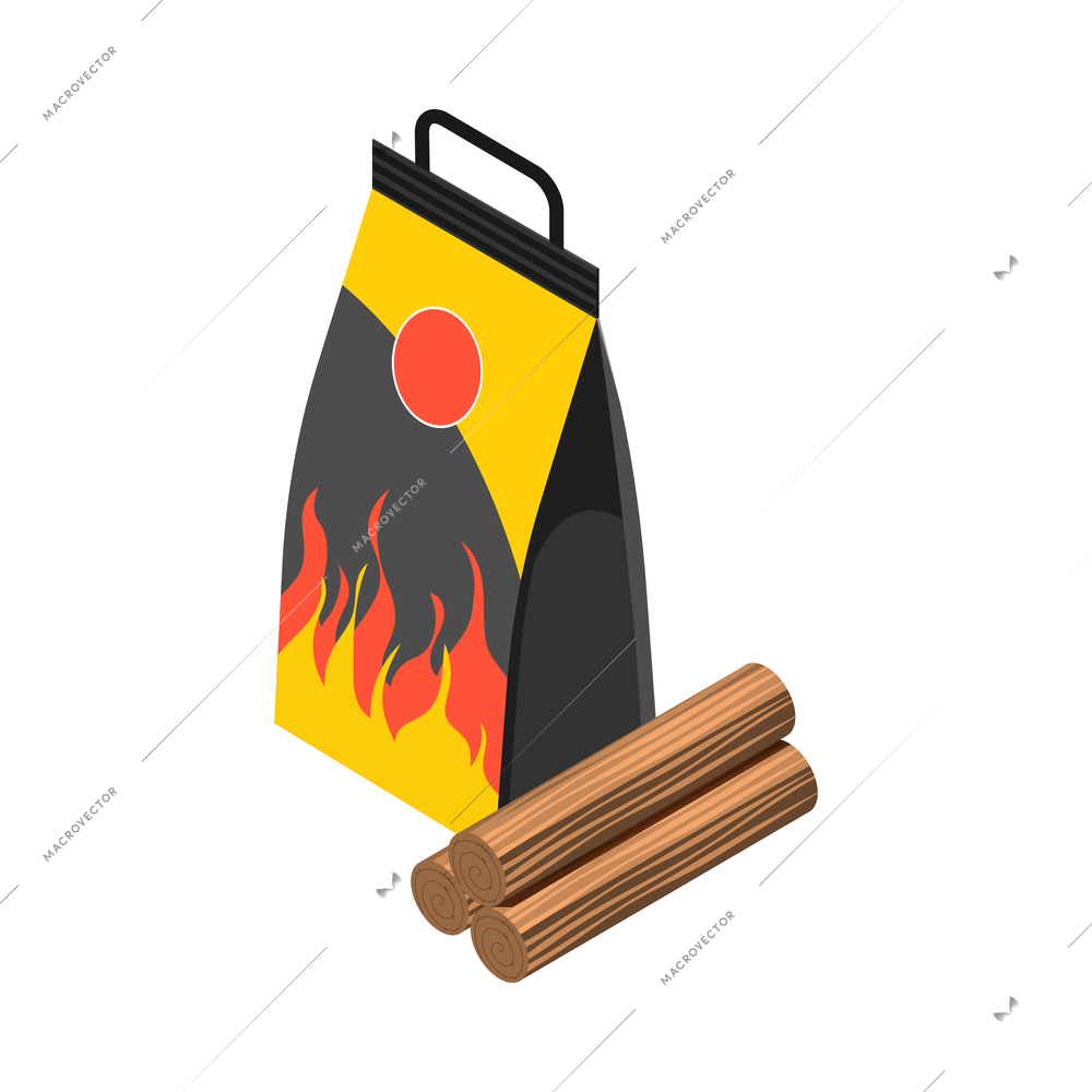 Paper bag of charchoal and firewood for grill barbecue 3d isometric icon vector illustration