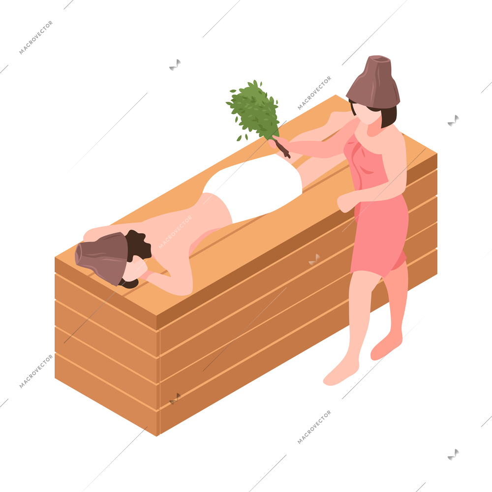 Isometric bathhouse icon with people taking steam bath with broom 3d vector illustration