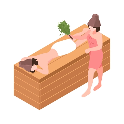 Isometric bathhouse icon with people taking steam bath with broom 3d vector illustration