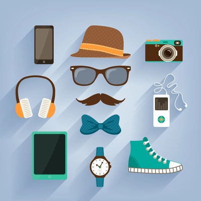 Hipster accessories items set of hat music player shoes and tablet vector illustration