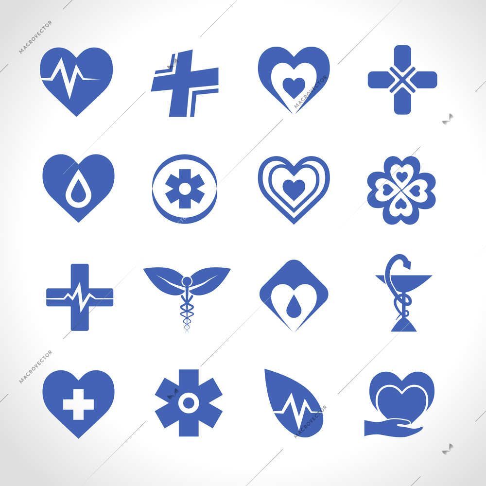 Medical ambulance emergency symbols logo icons blue set isolated vector illustration