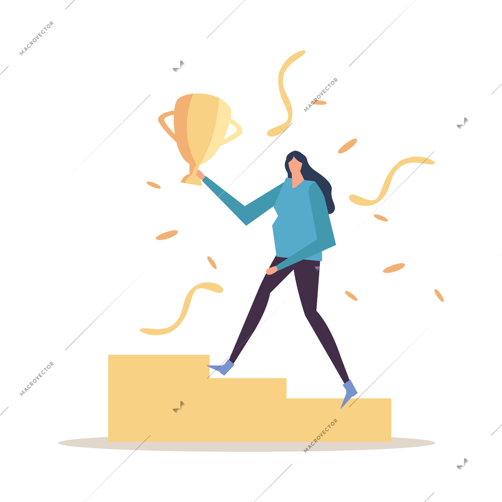 Flat business success concept with female human character moving up with golden cup vector illustration