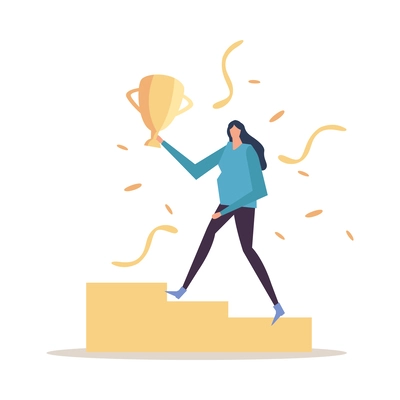 Flat business success concept with female human character moving up with golden cup vector illustration