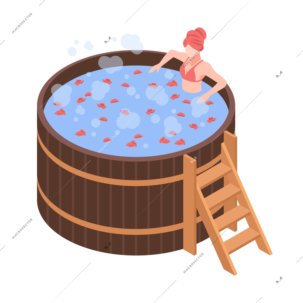 Isometric woman relaxing in hot japanese bath 3d vector illustration