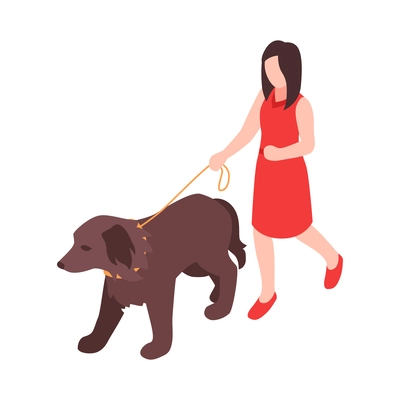 Pet care isometric icon with female character walking with dog 3d vector illustration