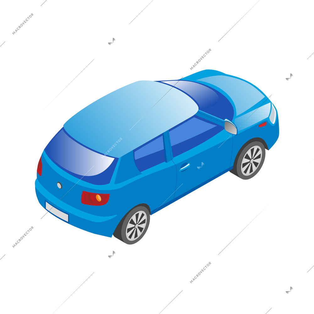 Isometric blue passenger car back view on white background 3d vector illustration