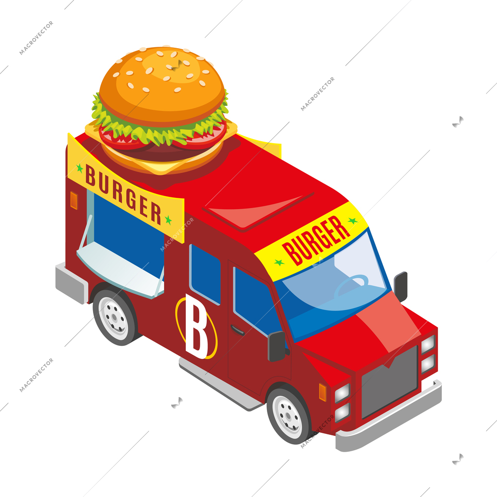 Street food burger truck isometric icon 3d vector illustration