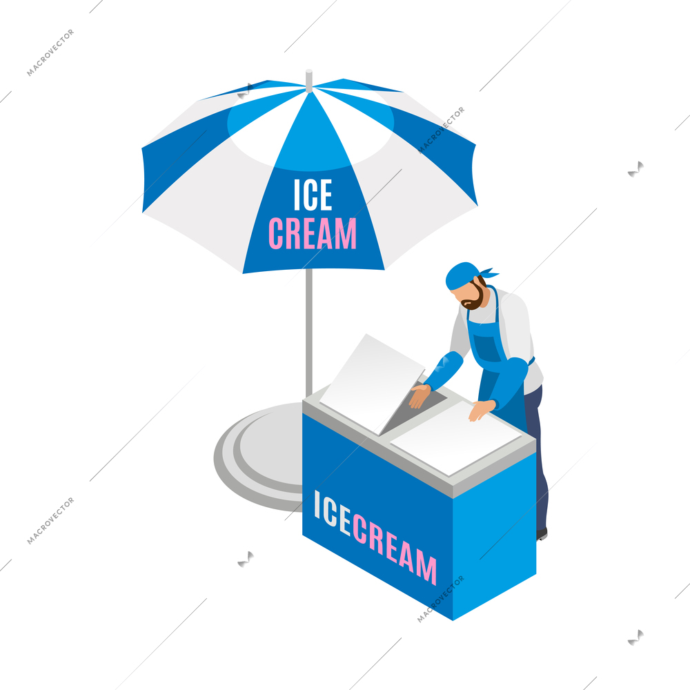 Street food isometric icon with ice cream stall and male seller 3d vector illustration